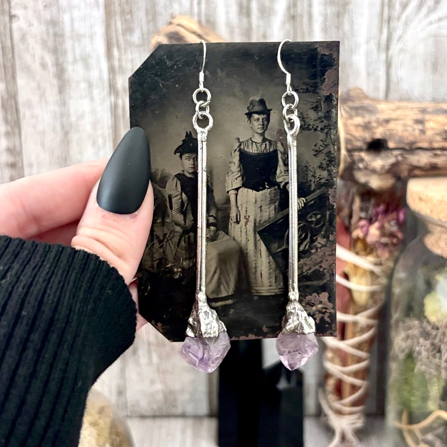 Raw Amethyst Fine Silver Crystal Dangle Earrings / Long Dangle Witchy Earrings