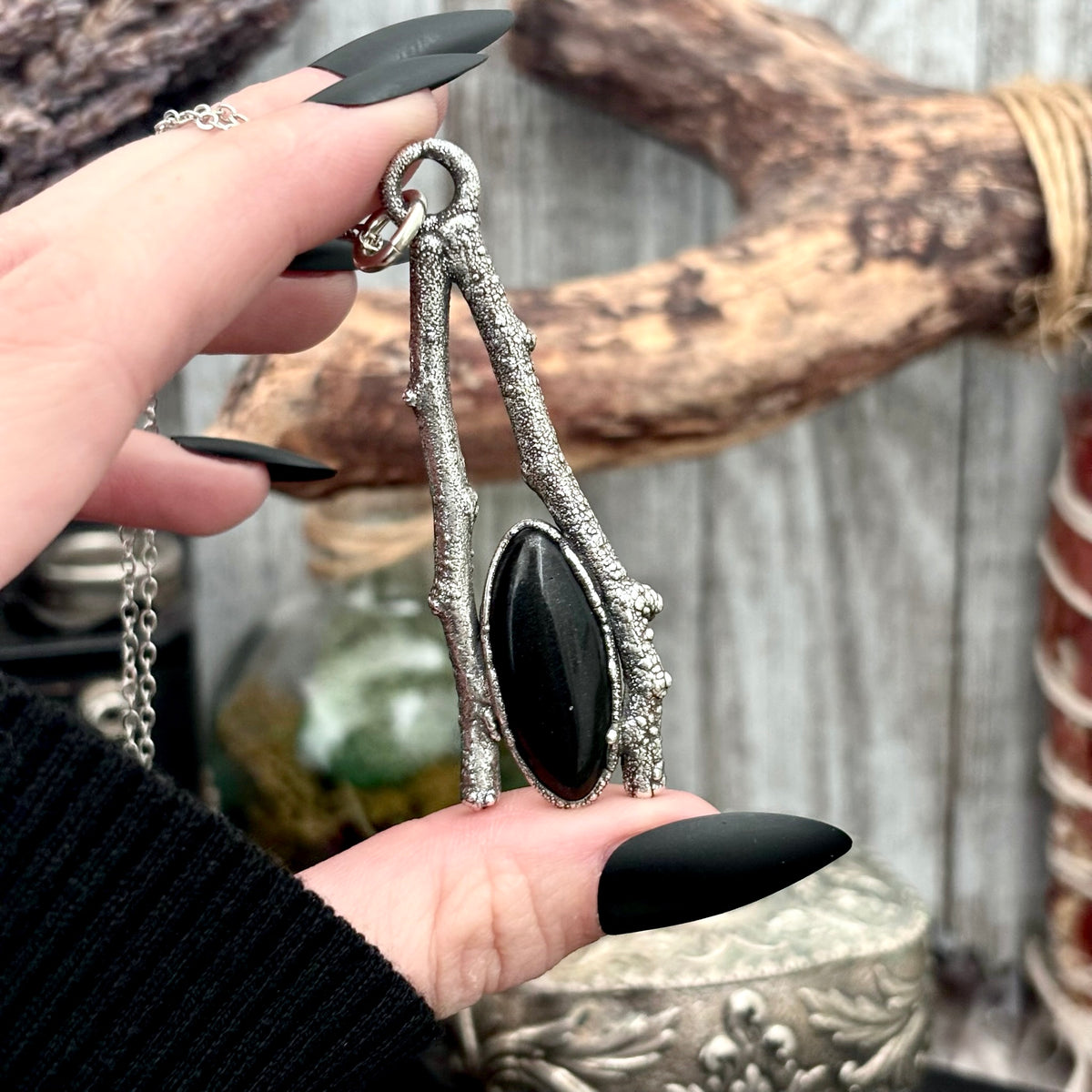 Black Onyx crystal necklace with silver sticks from FOXLARK's Sticks & Stones Collection, featuring a sleek and elegant design.