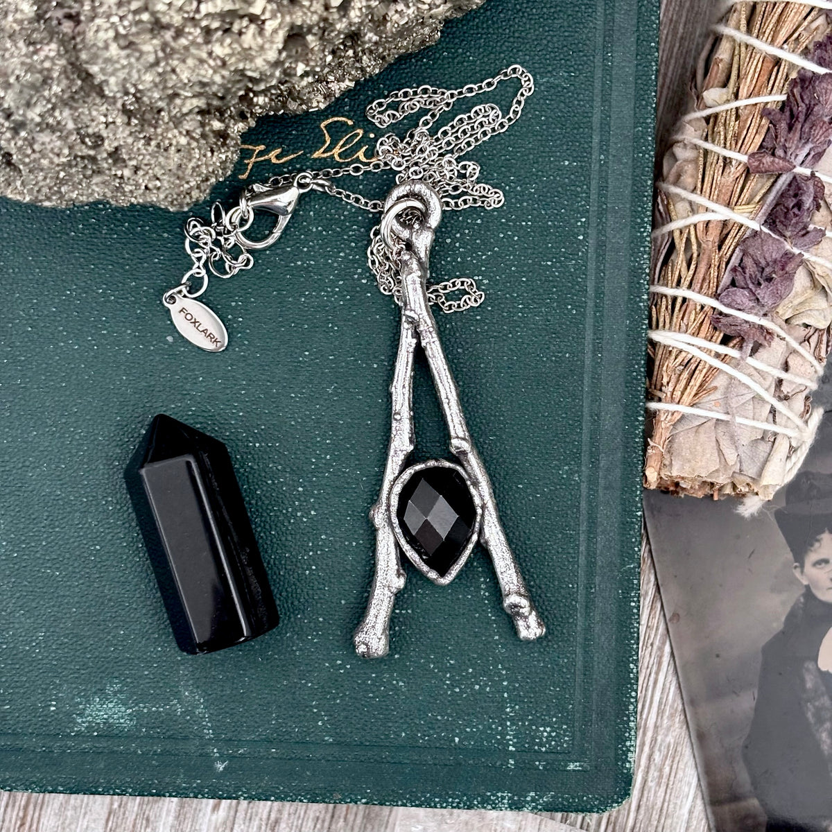 Black Onyx crystal necklace by FOXLARK featuring silver chain and stick design from the Sticks & Stones Collection.