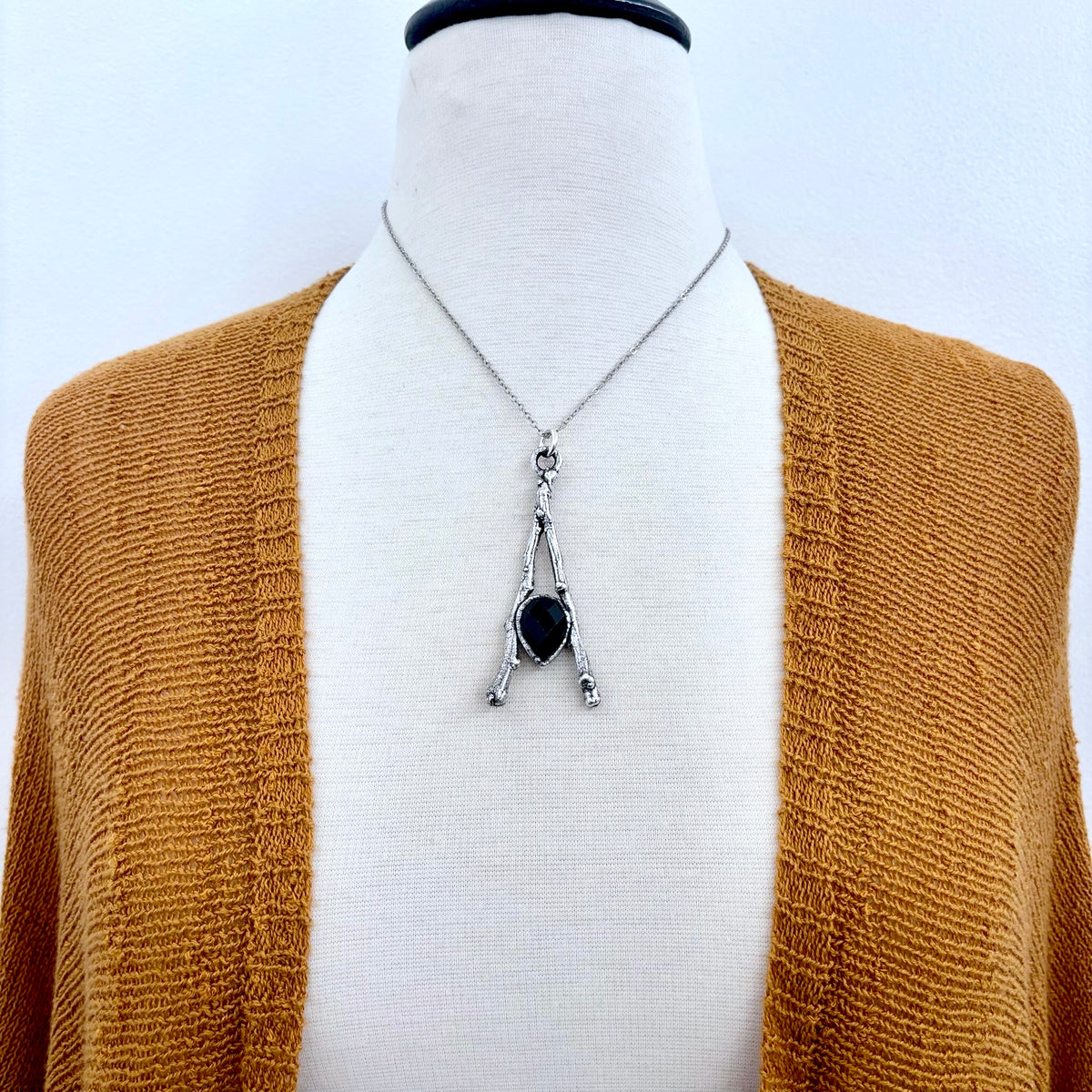 Black onyx crystal necklace with silver sticks from FOXLARK's Sticks & Stones Collection, featuring a sleek, elegant design.