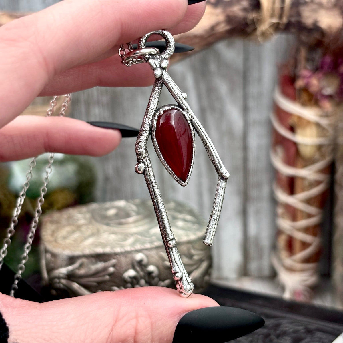 Carnelian crystal necklace with silver sticks design from FOXLARK's Sticks & Stones Collection, featuring a polished orange gemstone pendant.