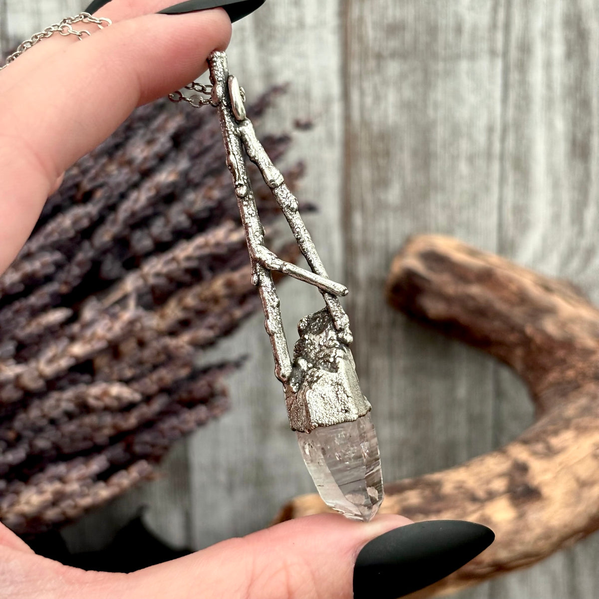 Vera Cruz amethyst crystal necklace by FOXLARK with silver sticks design from the Sticks & Stones collection.