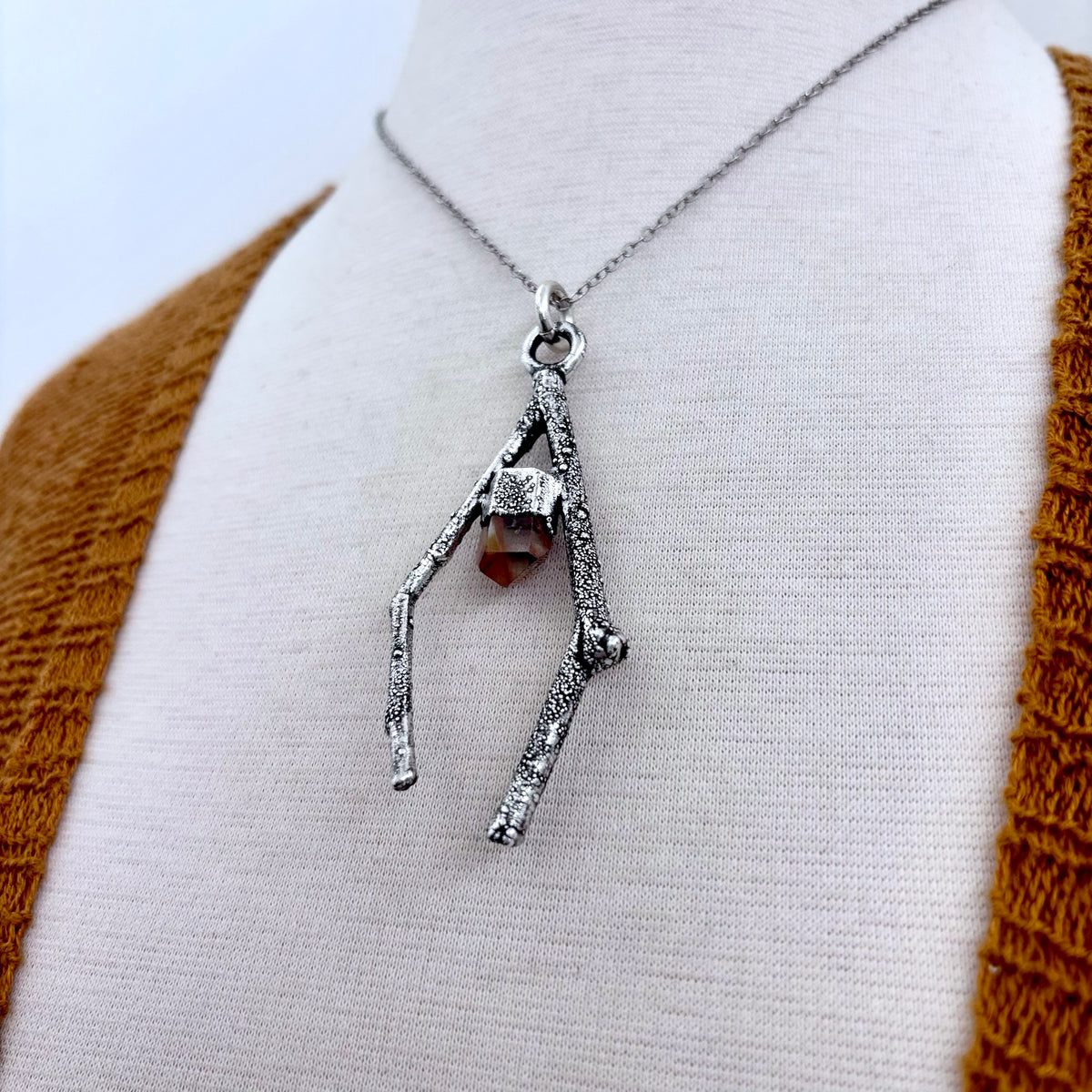 Silver Garden Quartz Crystal Necklace from FOXLARK's Sticks & Stones Collection featuring a silver chain and a garden quartz pendant.