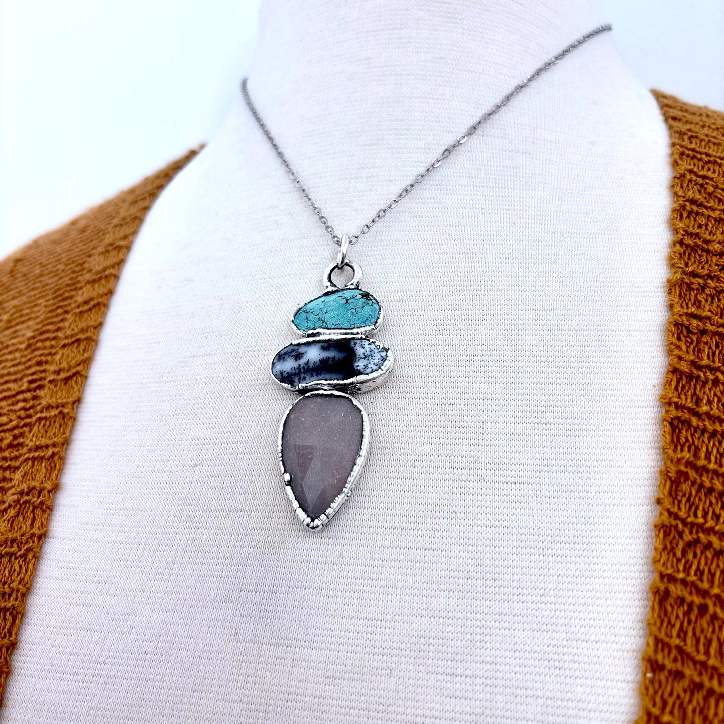 Multi Stone Turquoise Dendritic Agate Peach Moonstone Crystal Necklace Fine Silver / Foxlark Collection