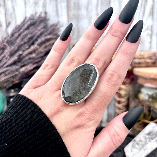 Silver Sheen Obsidian Crystal Ring Fine Silver Size 9 / Foxlark Collection - One of a Kind