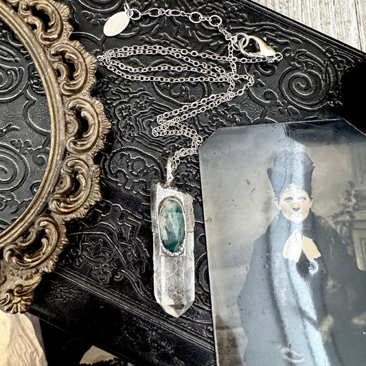 Clear Quartz & Moss Agate Crystal Statement Necklace in Fine Silver / Foxlark Collection - One of a Kind