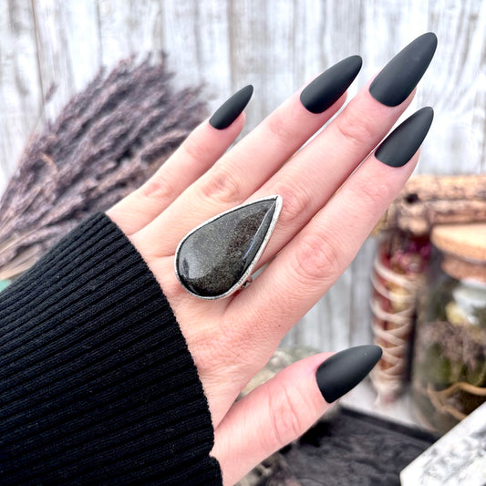Silver Sheen Obsidian Crystal Ring Fine Silver Size 7.5 / Foxlark Collection - One of a Kind