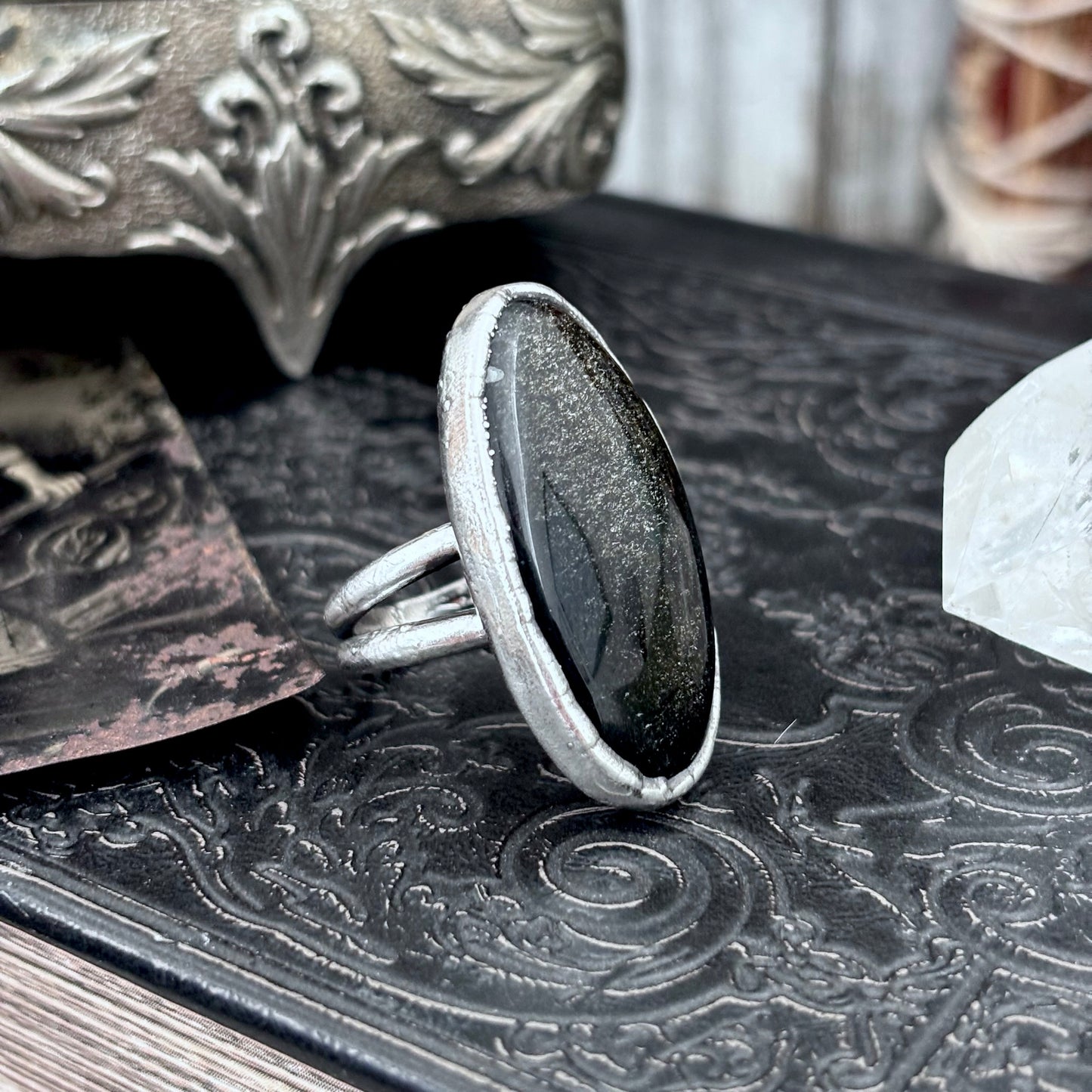 Golden Sheen Obsidian Crystal Ring Fine Silver Size 7 / Foxlark Collection - One of a Kind FOXLARK