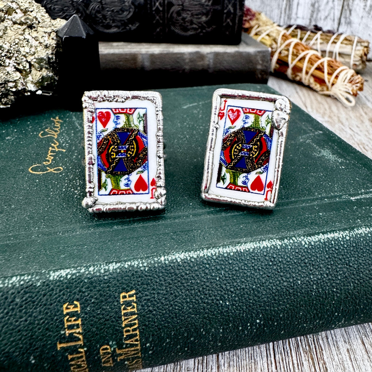 FOXLARK Jack of Hearts playing card ring in fine silver, size 8-10, featuring detailed card design on a stylish jewelry piece.