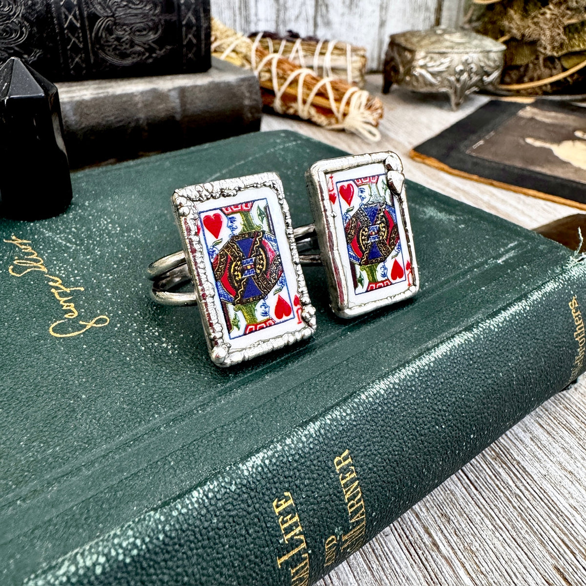 Fine silver Jack of Hearts playing card ring by FOXLARK, size 8-10, featuring detailed playing card design, perfect for game enthusiasts.