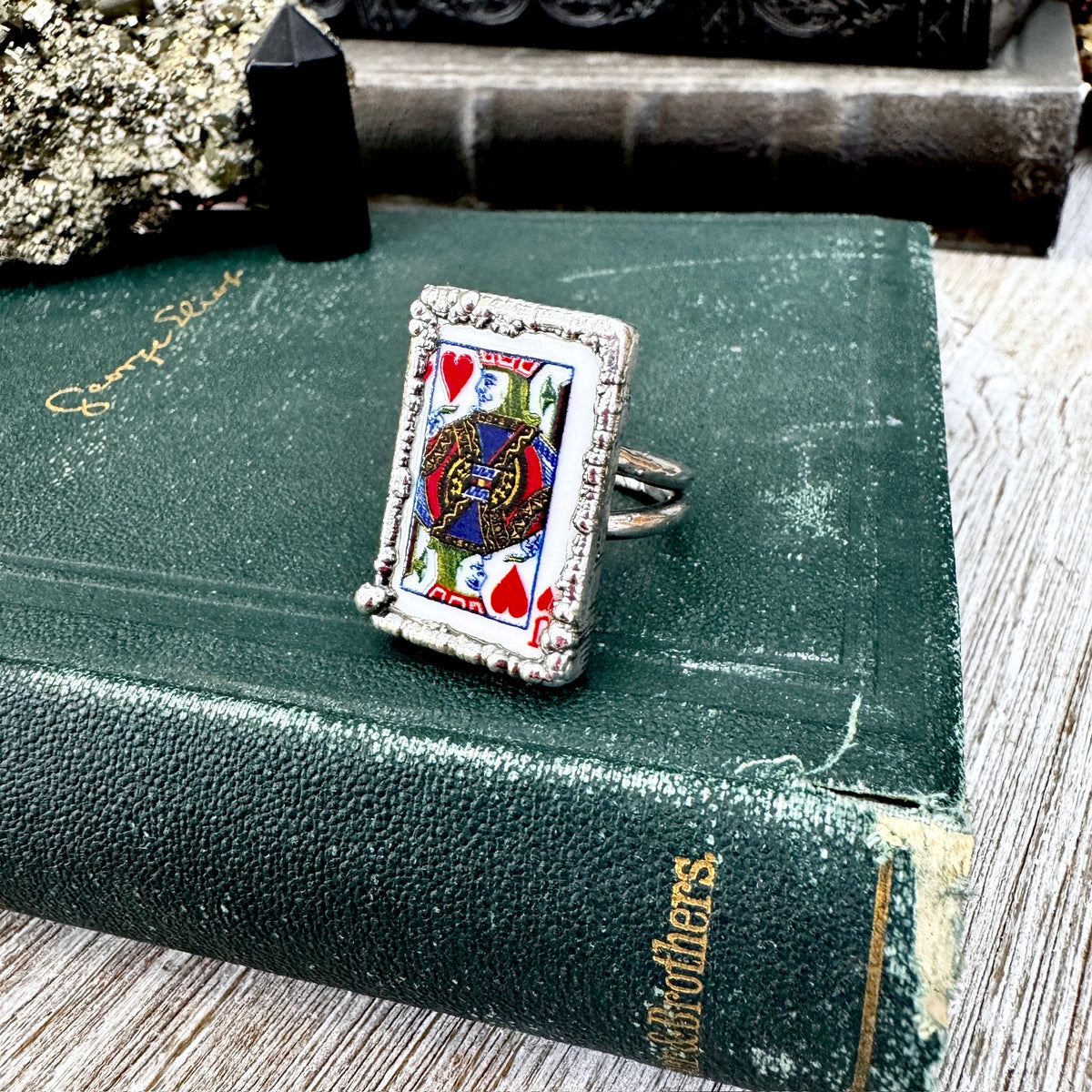 FOXLARK Jack of Hearts playing card ring in fine silver, size 8 or 10, featuring detailed playing card design on a silver band.