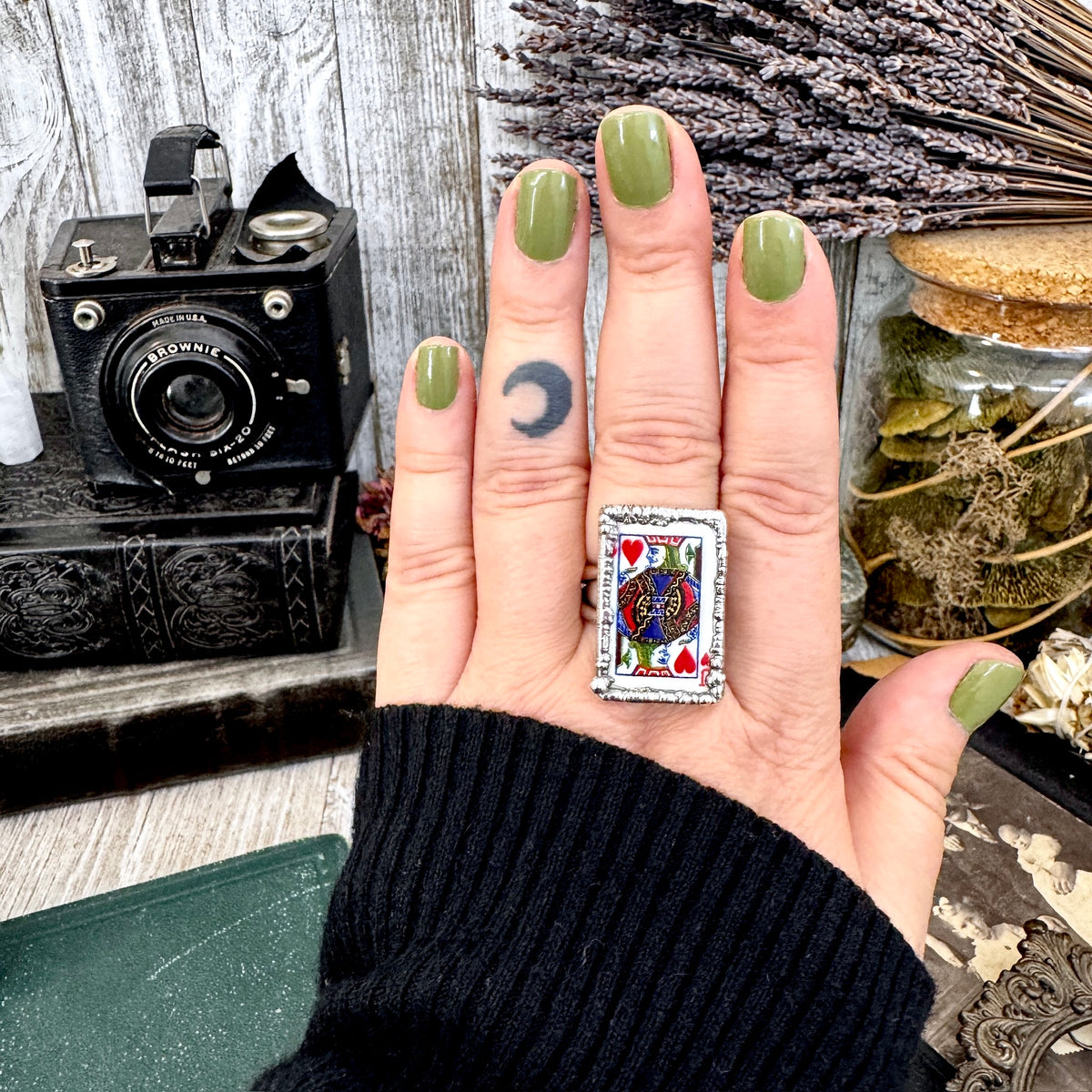 Silver Jack of Hearts playing card ring by FOXLARK, size 8-10, featuring detailed card design on a fine silver band.
