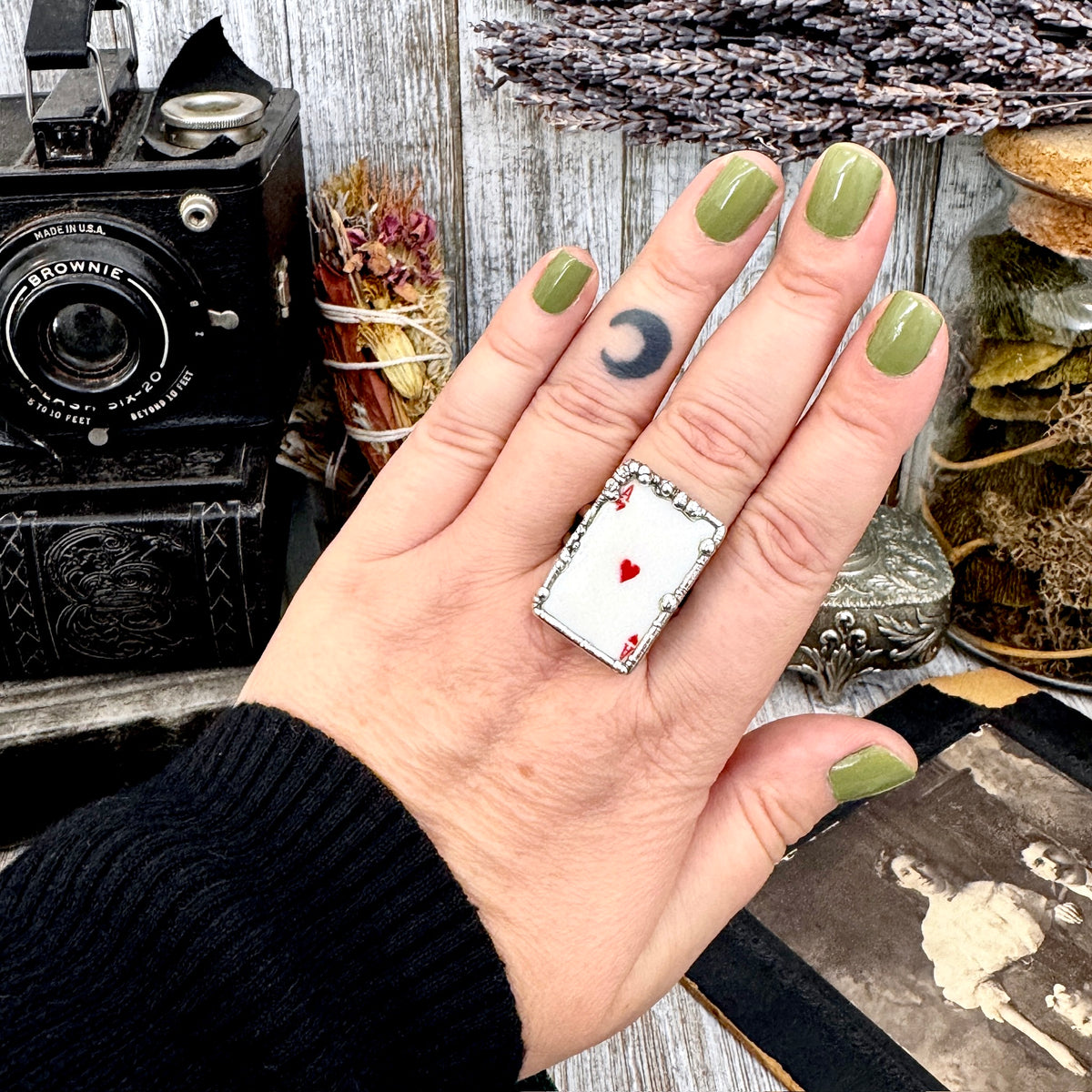 FoXLARK silver Ace of Hearts playing card ring, size 8.5-10, featuring detailed playing card design on fine silver band.
