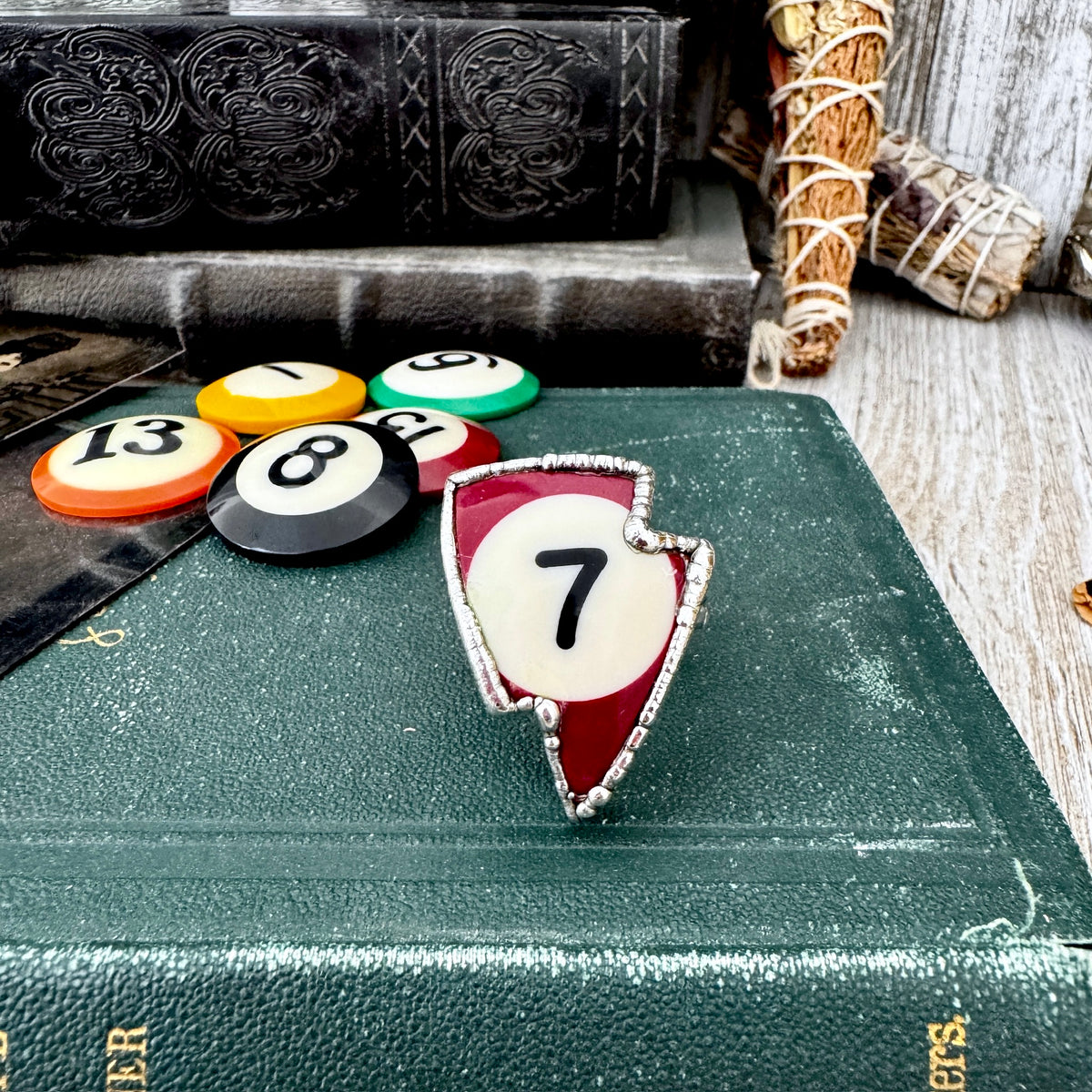 Vintage FOXLARK silver pool ball ring, size 10, featuring a detailed black and white pool ball design, perfect for gaming accessories.