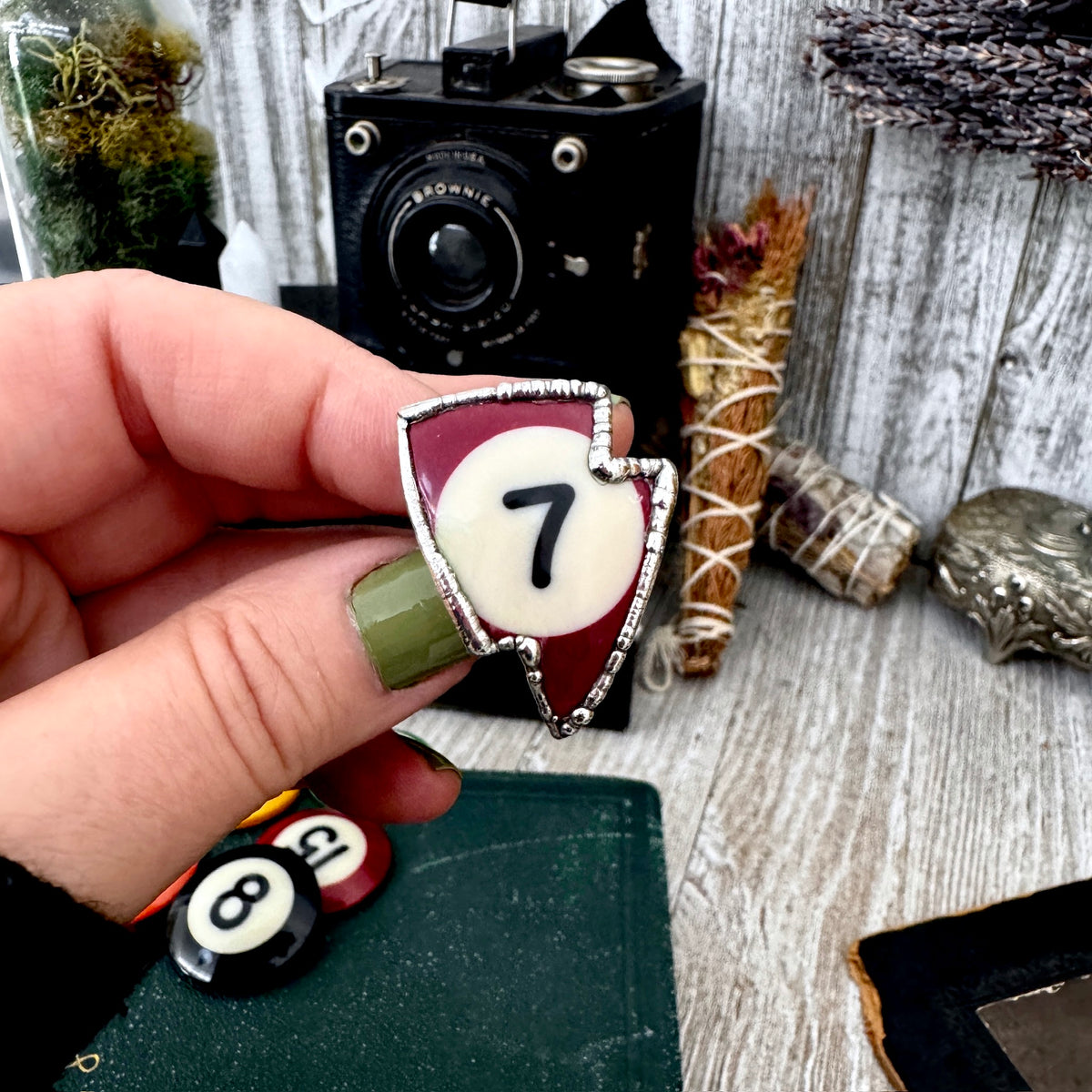 Vintage FOXLARK silver pool ball ring size 10 with detailed playing games design, crafted by FOXLARK.