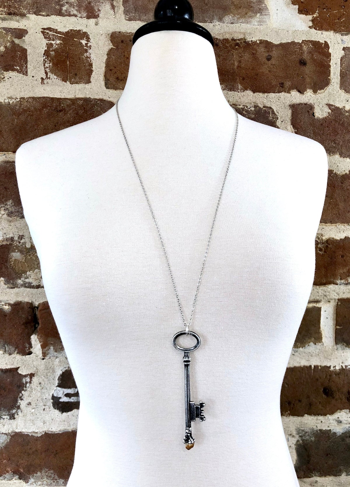 Vintage raw citrine skeleton key necklace by FOXLARK, featuring a fine silver chain and one-of-a-kind design from the FOXLARK collection.