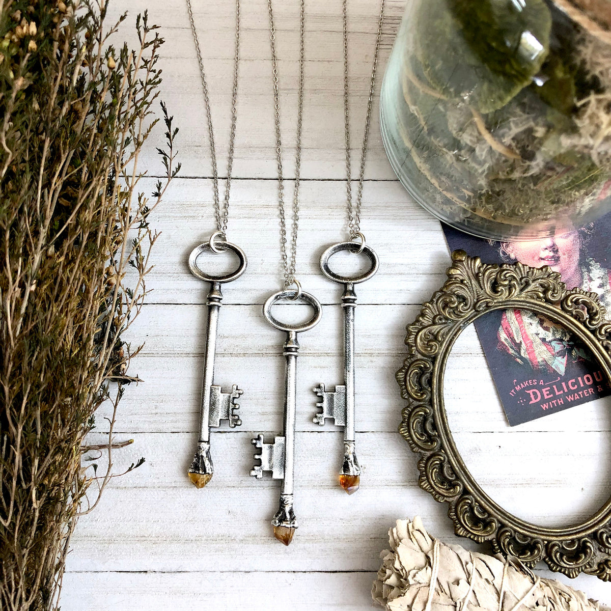Vintage skeleton key necklace with raw citrine gemstone in fine silver, crafted by FOXLARK, part of the Foxlark Collection.