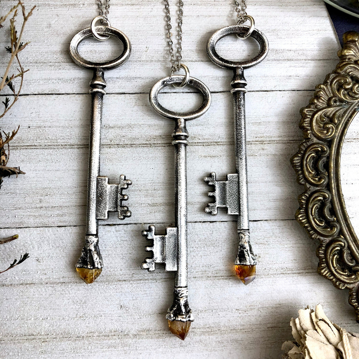 Vintage raw citrine skeleton key necklace by FOXLARK, featuring a fine silver pendant with a one-of-a-kind design.