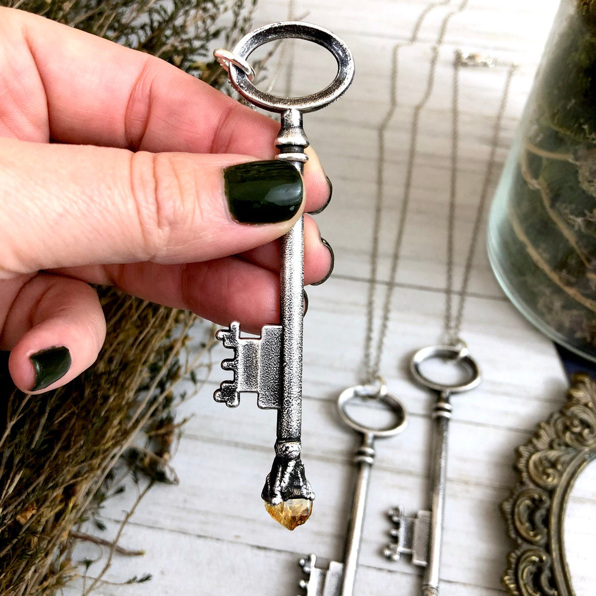 Vintage raw citrine skeleton key necklace by FOXLARK featuring fine silver, one-of-a-kind jewelry piece.