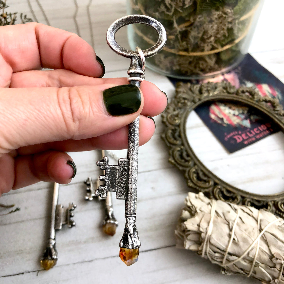 Vintage raw citrine skeleton key necklace in fine silver by FOXLARK, showcasing a one-of-a-kind boho-inspired jewelry piece.