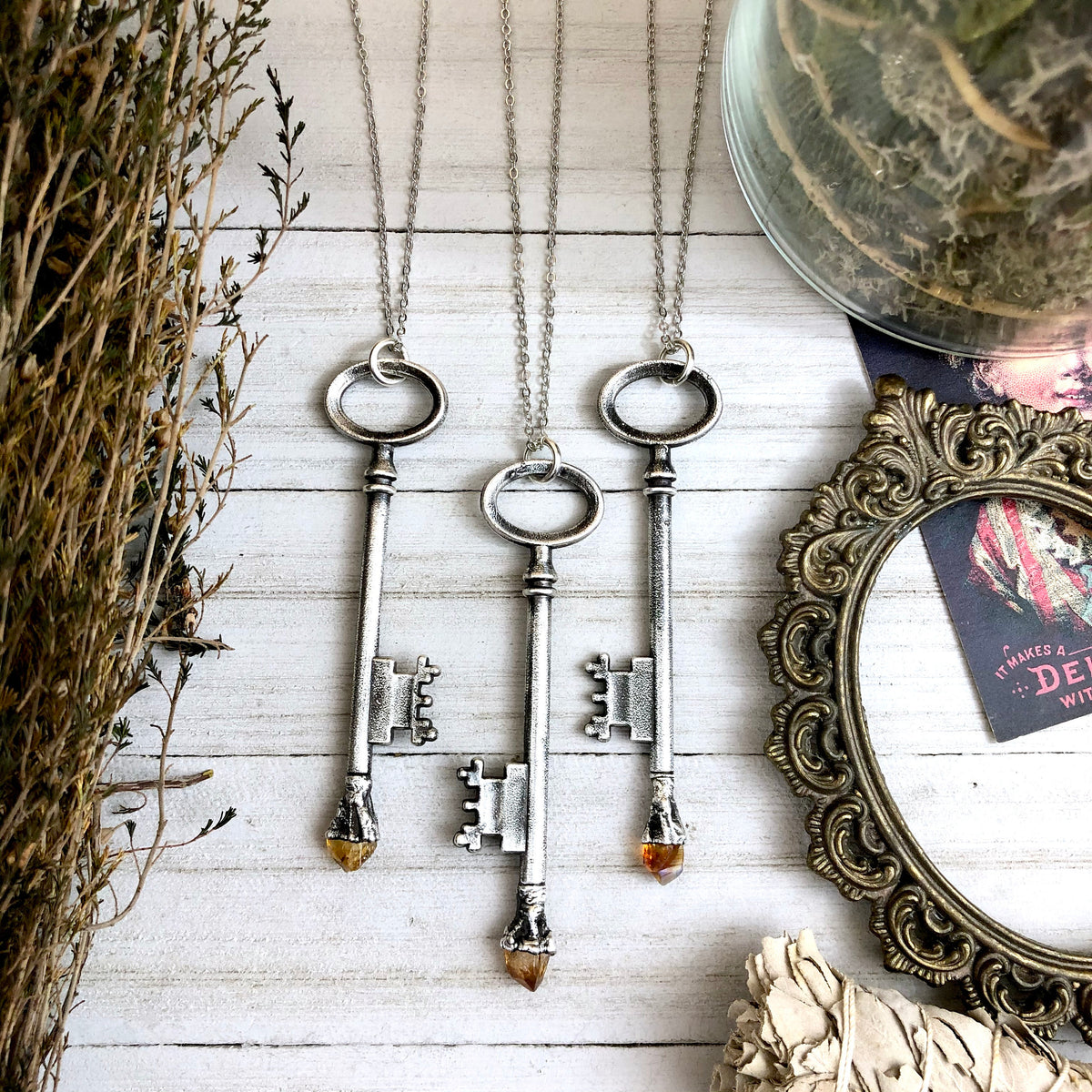 Vintage raw citrine skeleton key necklace in fine silver by FOXLARK, featuring a one-of-a-kind skeleton key pendant.