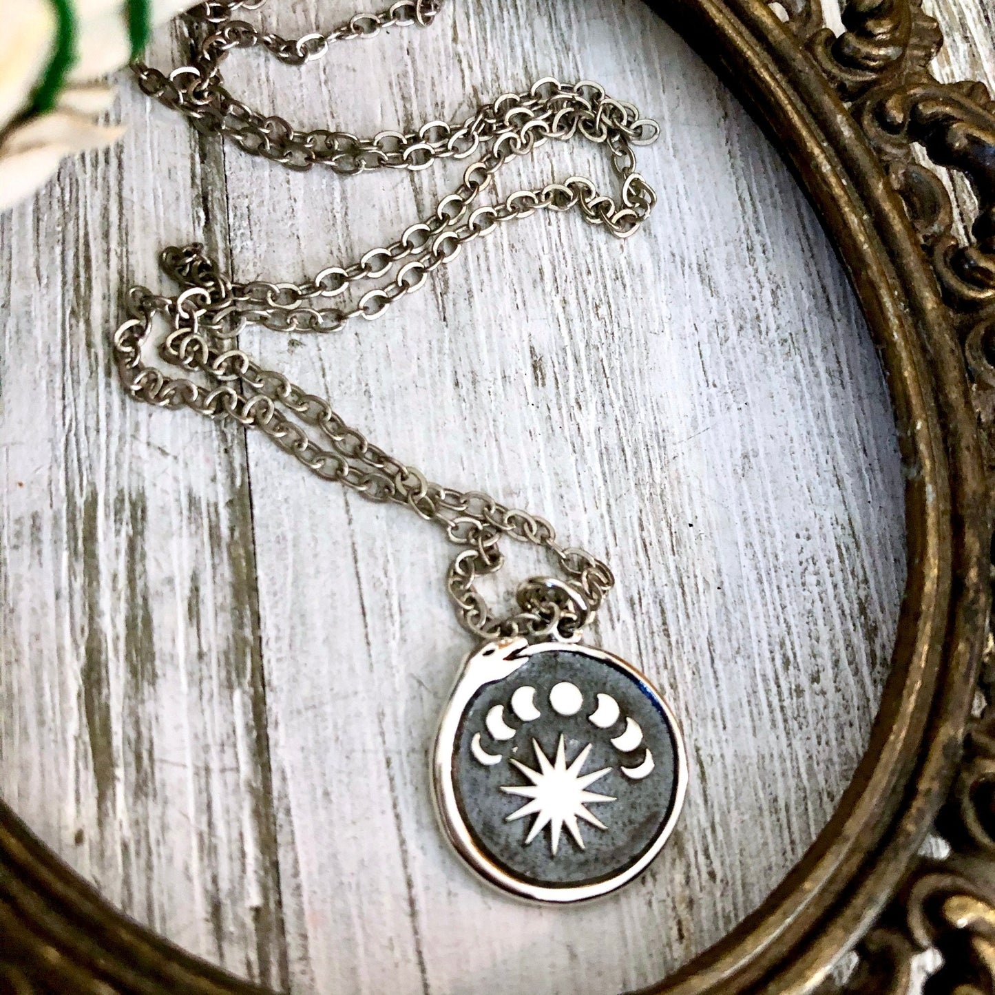 Tiny Talisman Collection - Sterling Silver Silver Ouroboros Snake. with Moon Phases Necklace Pendant 15mm /