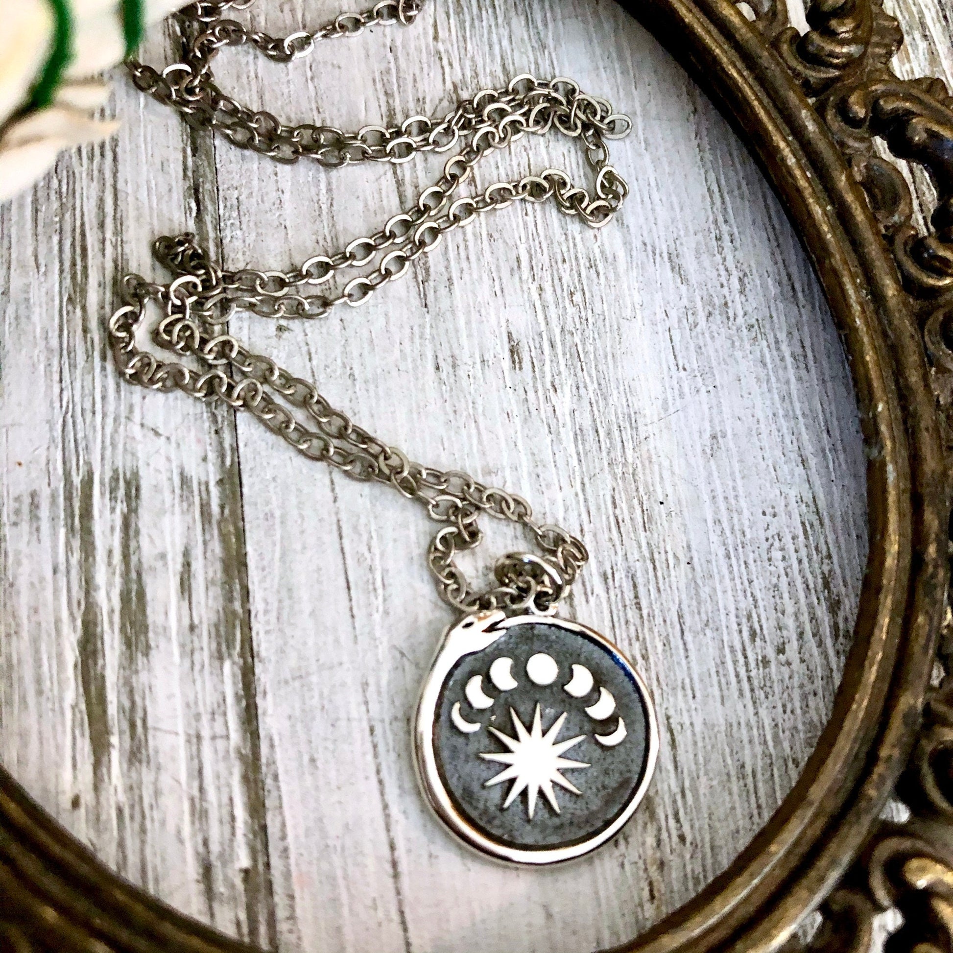Tiny Talisman Collection - Sterling Silver Silver Ouroboros Snake. with Moon Phases Necklace Pendant 15mm /