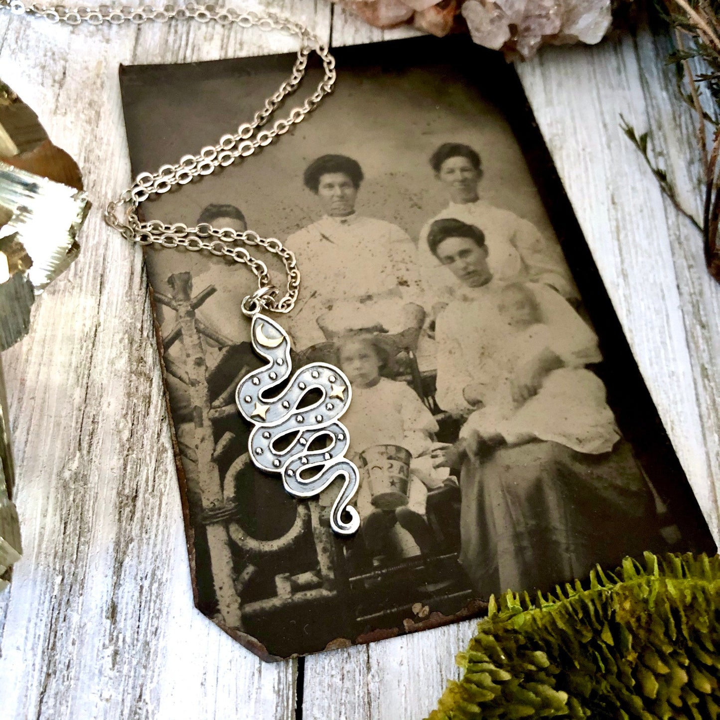 Tiny Talisman Collection - Sterling Silver Snake Pendant with Bronze Moon and Stars 33x15mm / Curated Collection
