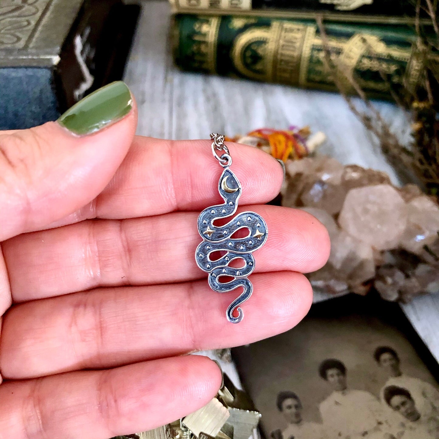 Tiny Talisman Collection - Sterling Silver Snake Pendant with Bronze Moon and Stars 33x15mm / Curated Collection