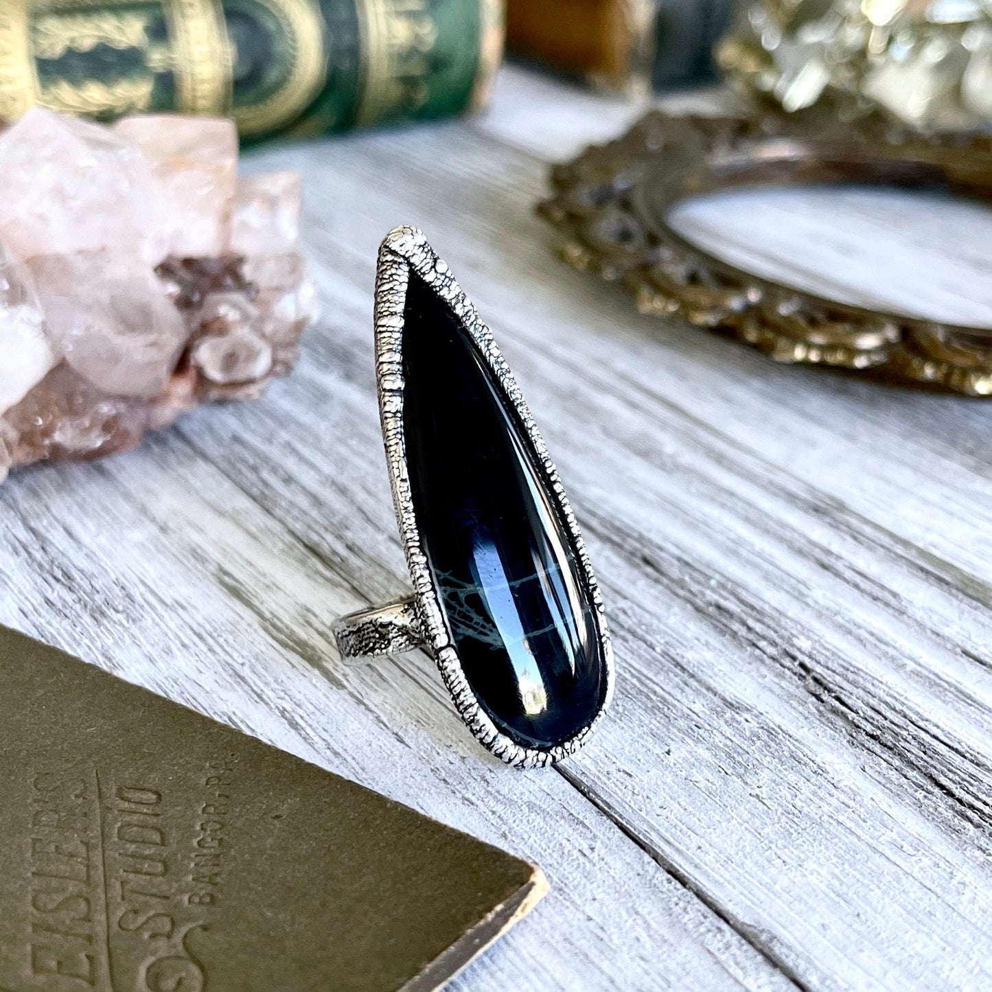 Size 6 Big Natural Spider Web Obsidian Statement Ring in Fine Silver / Foxlark Collection - One of a Kind