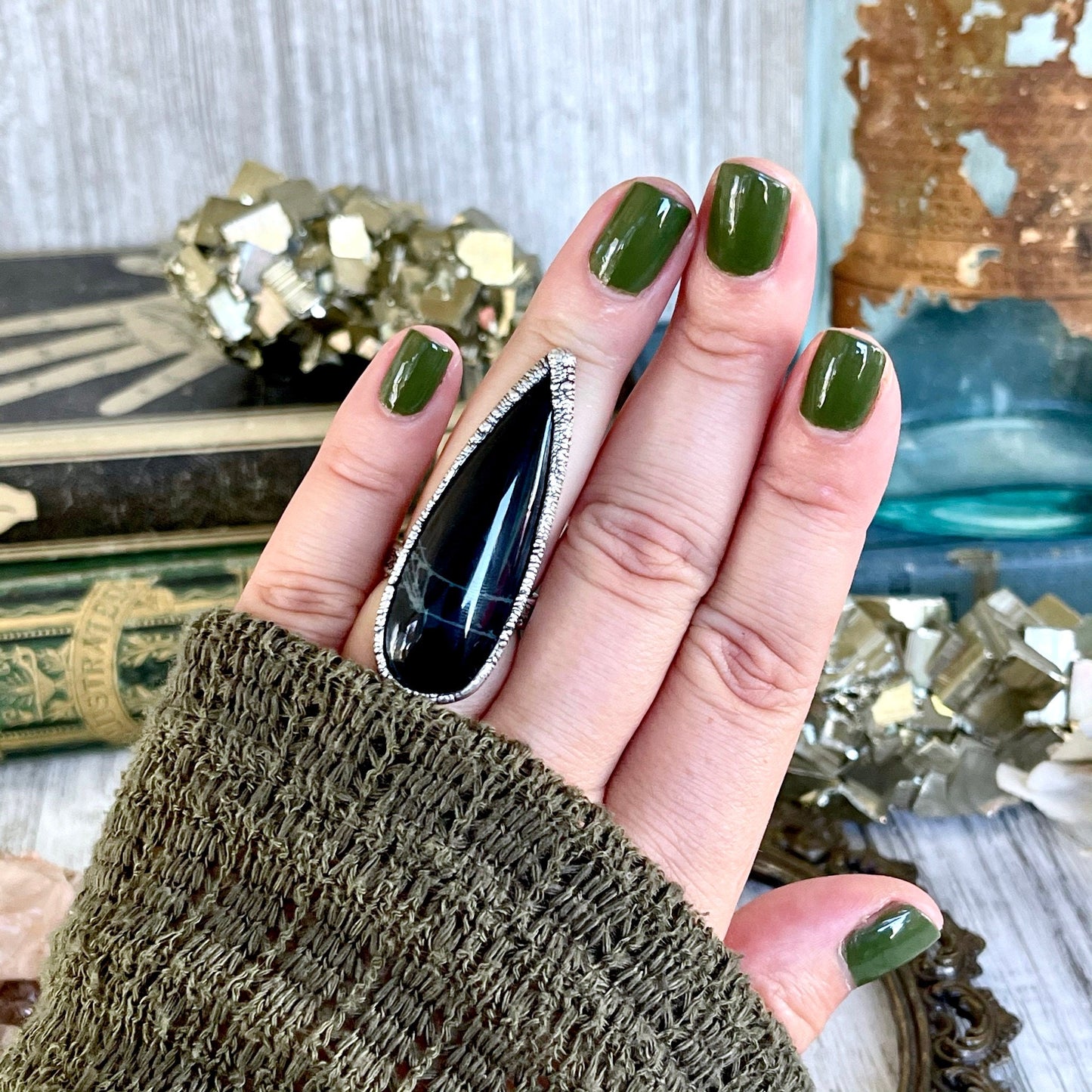 Size 6 Big Natural Spider Web Obsidian Statement Ring in Fine Silver / Foxlark Collection - One of a Kind
