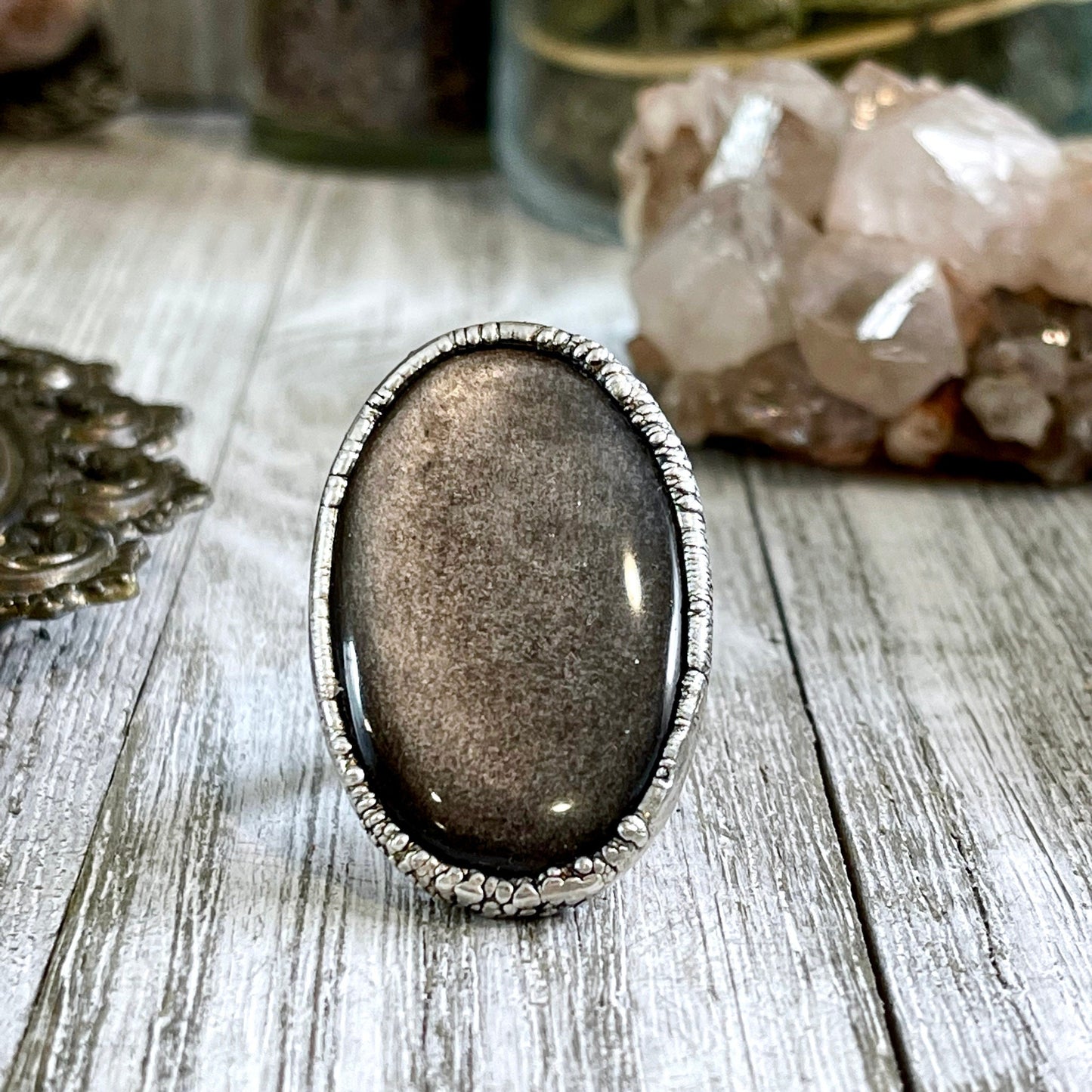 Size 6.5 Silver Sheen Obsidian Statement Ring in fine Silver / Foxlark Collection - One of a Kind