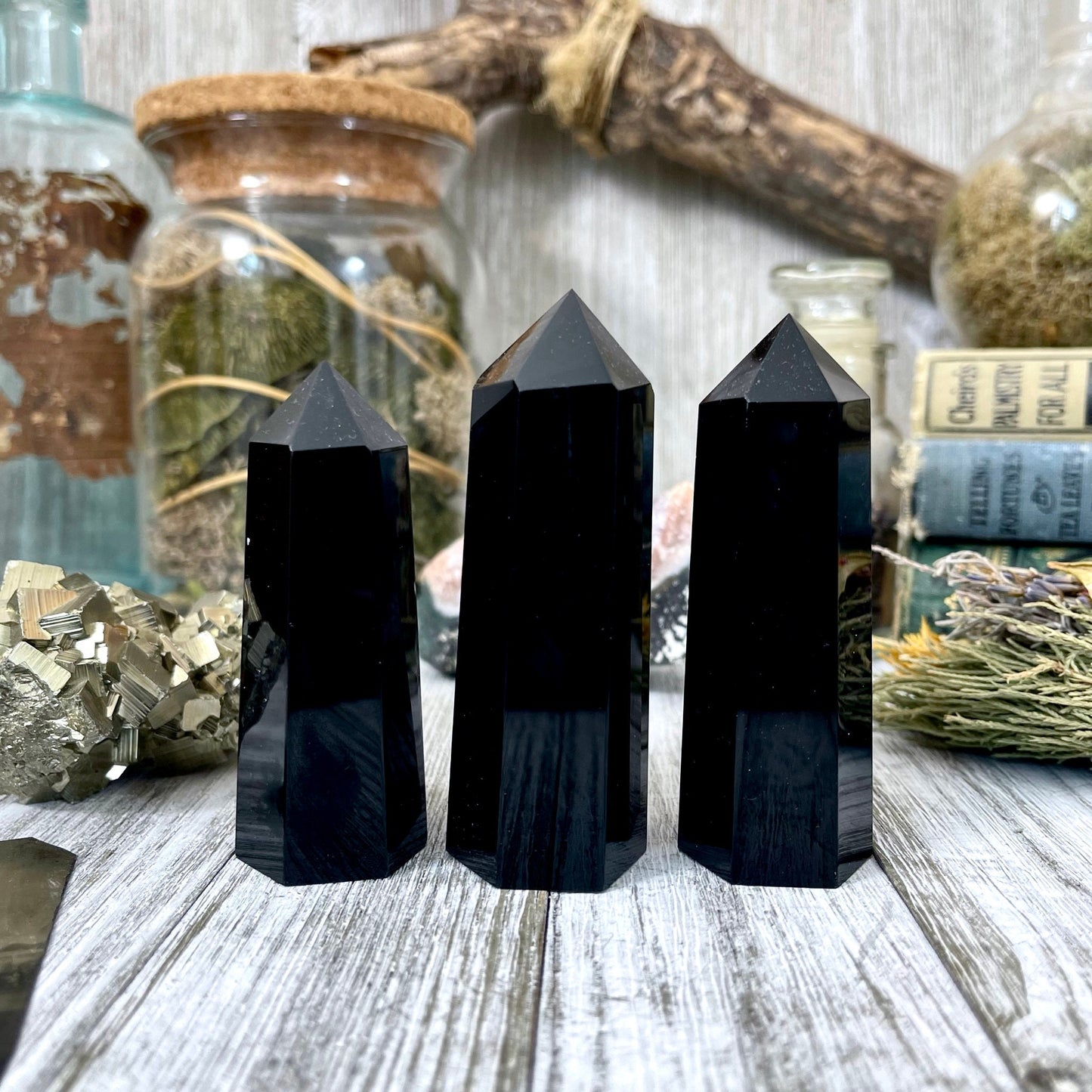 Black obsidian crystal point standing upright, natural stone with polished surface, from FoxlarkCrystals.