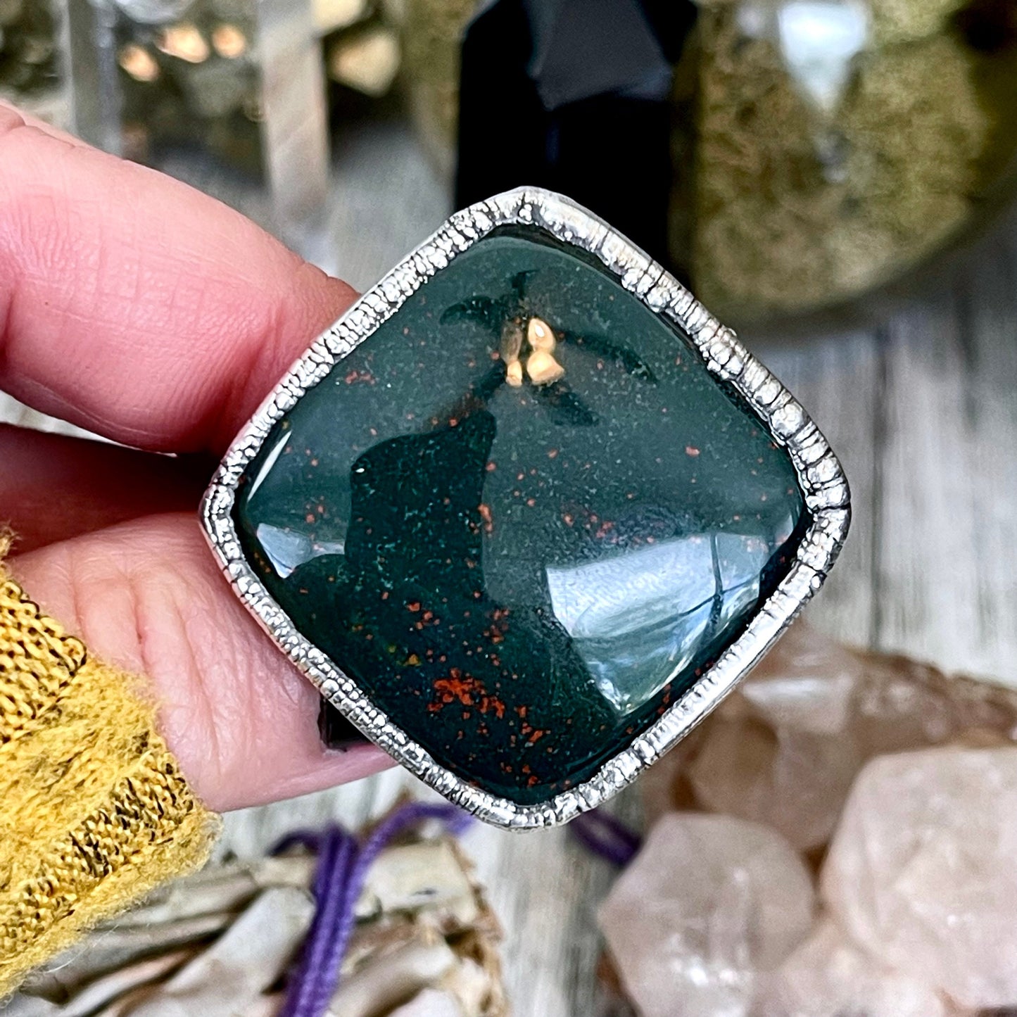 Big Size 8 Natural Bloodstone Statement Ring In Fine Silver / Foxlark Collection - One of a Kind
