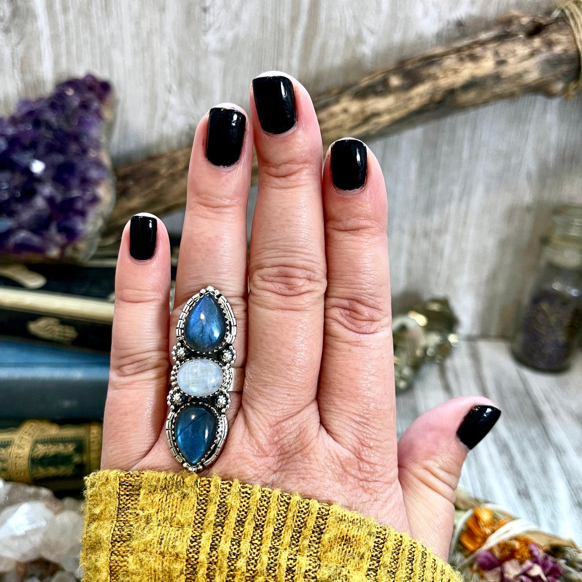 FoXLARK sterling silver three stone crystal ring featuring rainbow moonstone and labradorite, adjustable to sizes 6-9.
