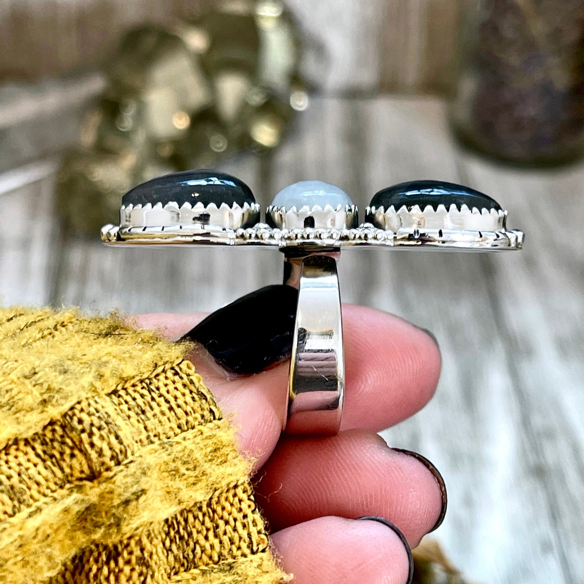 FOXLARK three stone crystal ring featuring rainbow moonstone and Labradorite set in sterling silver, adjustable size 6-9.