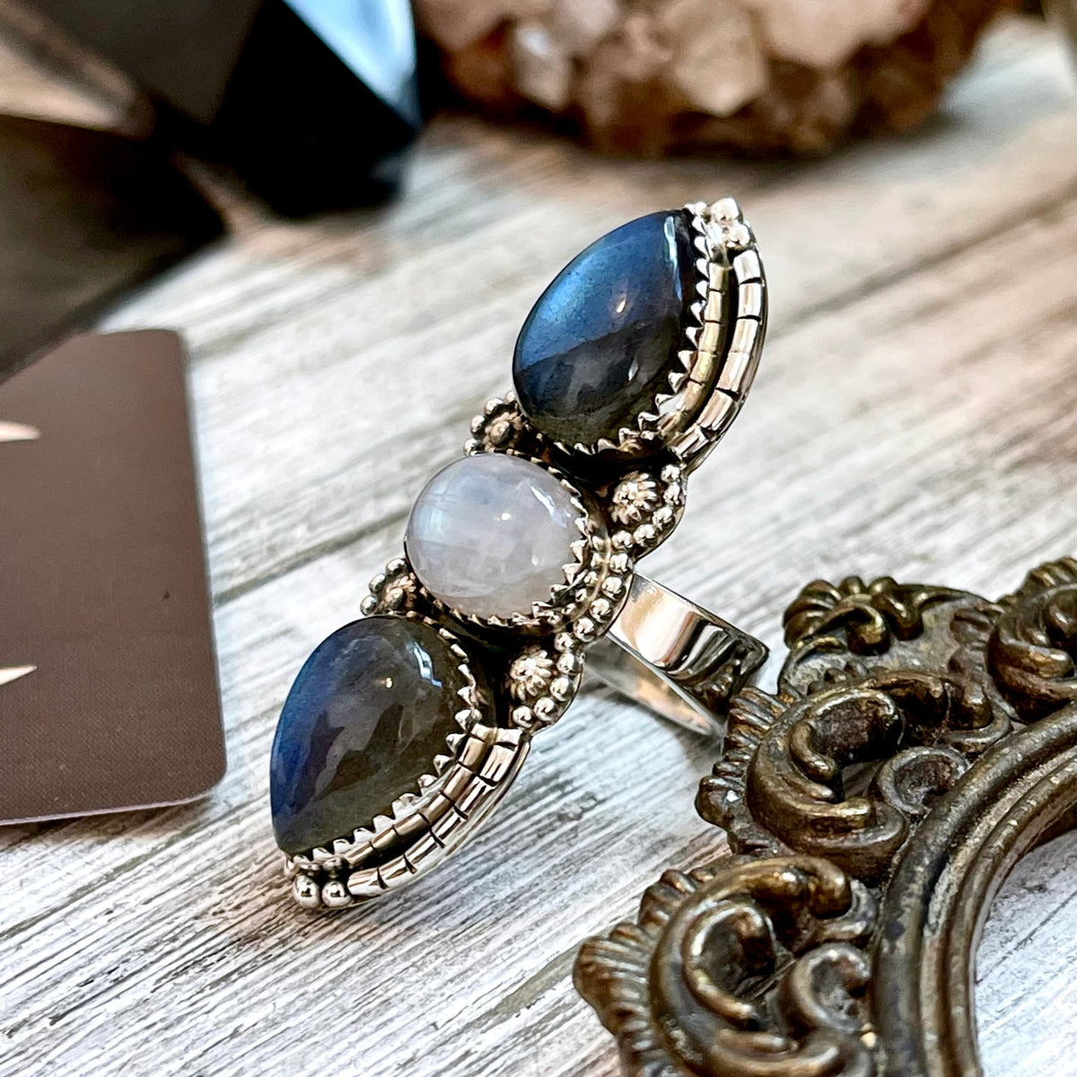 FOXLARK sterling silver three stone ring featuring Labradorite and Rainbow Moonstone, adjustable size 6-9.