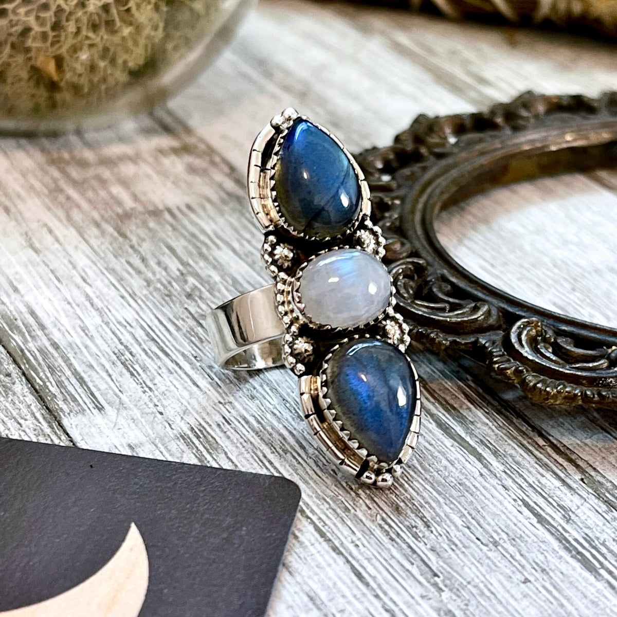 FoXLARK sterling silver three stone crystal ring with rainbow moonstone and labradorite, adjustable size 6-9.