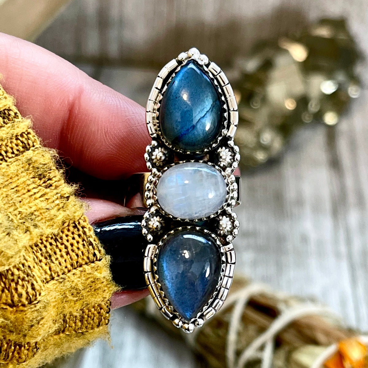 FoXLARK three stone crystal ring featuring rainbow moonstone and labradorite set in sterling silver, adjustable size 6-9.