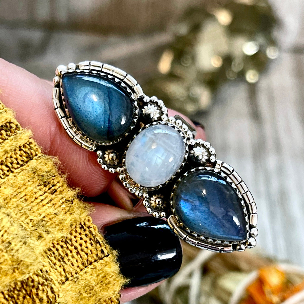 FOXLARK sterling silver three stone ring featuring rainbow moonstone and labradorite with adjustable size 6-9.