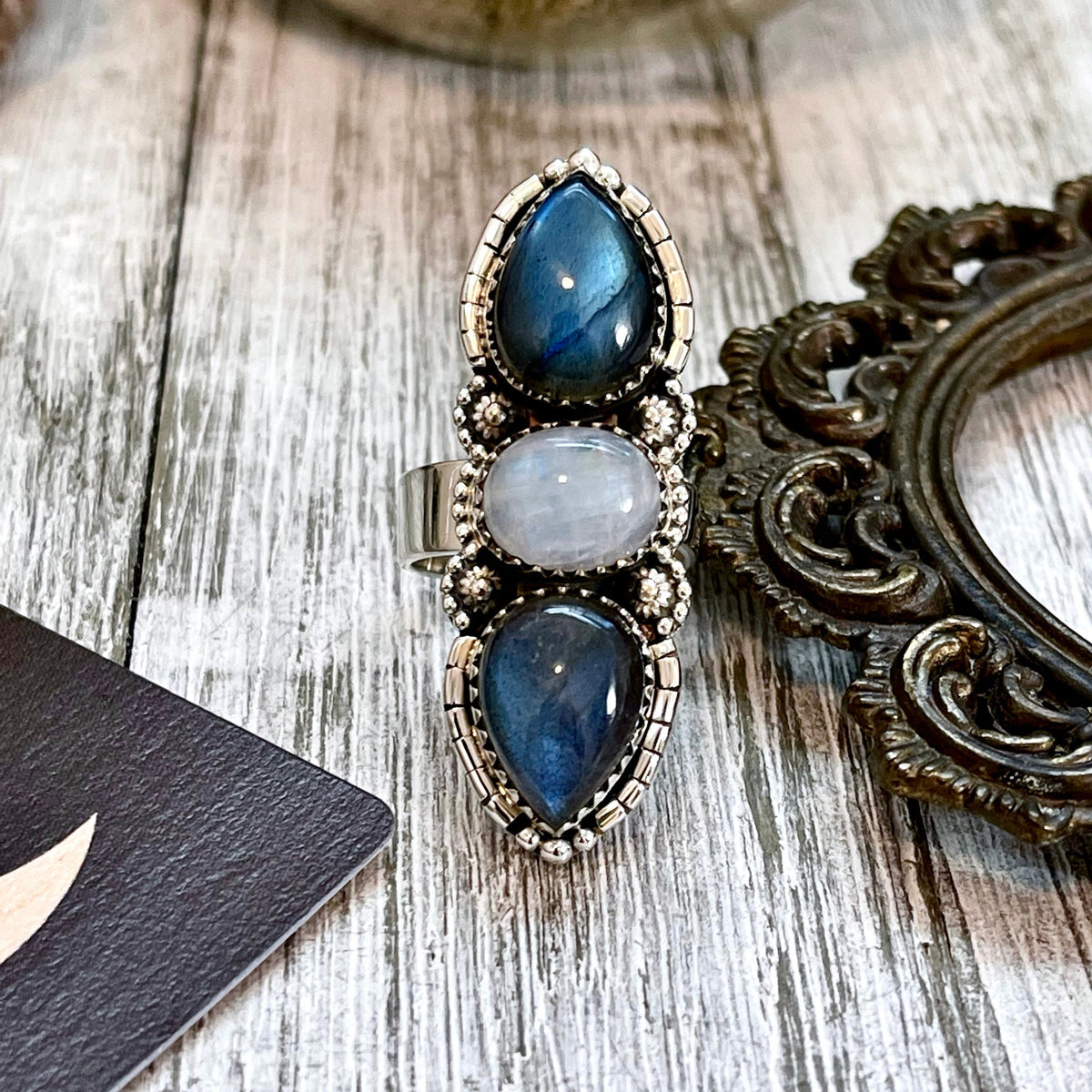FOXLARK sterling silver three stone crystal ring featuring rainbow moonstone and labradorite, adjustable size 6-9.