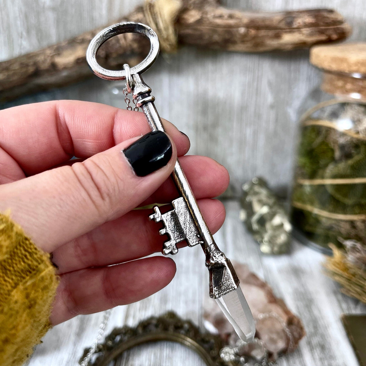 Vintage clear quartz crystal skeleton key necklace pendant by FOXLARK in fine silver, featuring a unique, one-of-a-kind design.