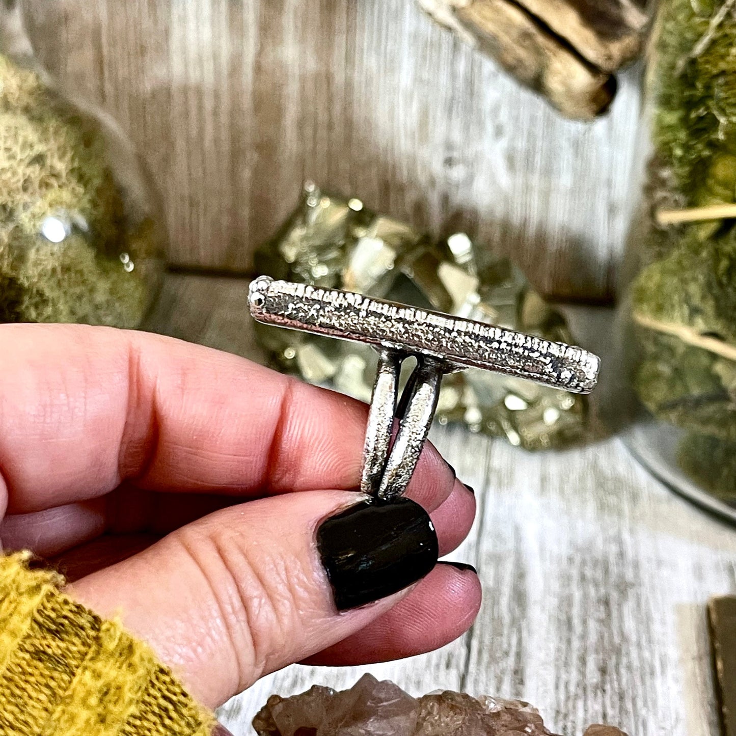 Big Size 8 Silver Natural Fancy Moss Agate Crystal Statement Ring / Foxlark Collection - One of a Kind