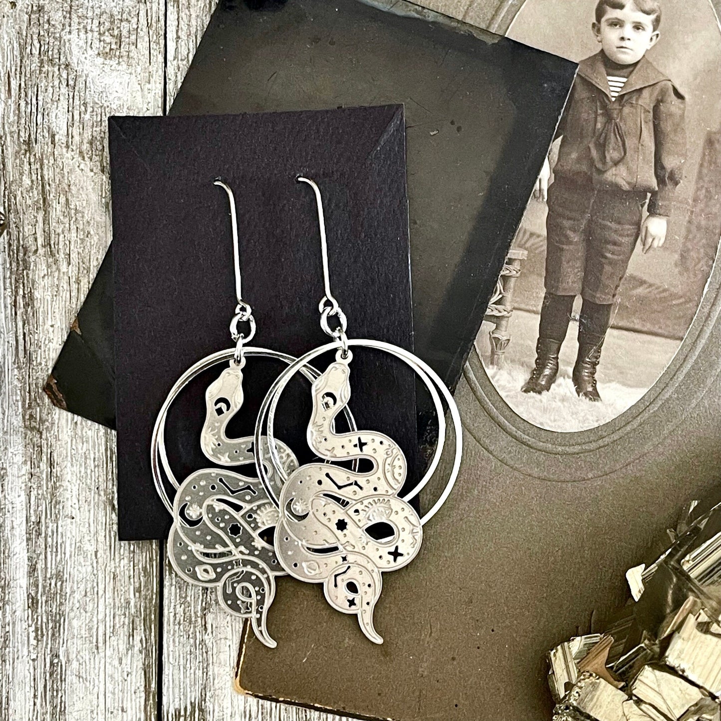Snake Constellation Earrings Sterling Silver & Stainless Steel Earrings/ Evil Eye Moon Earrings - Long Dangly Geometric Earrings