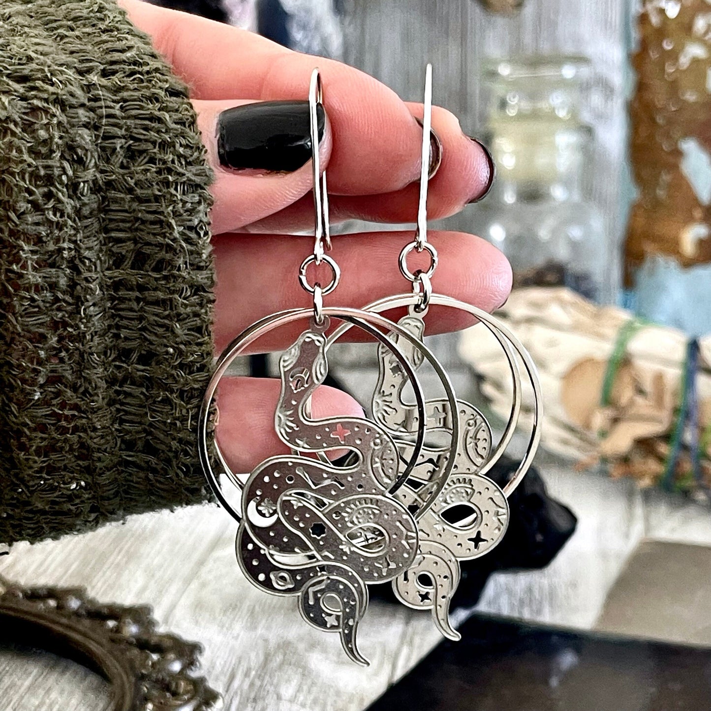 Snake Constellation Earrings Sterling Silver & Stainless Steel Earrings/ Evil Eye Moon Earrings - Long Dangly Geometric Earrings