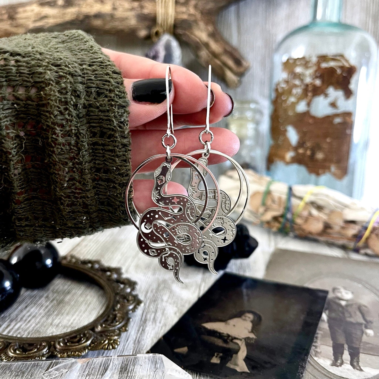 Snake Constellation Earrings Sterling Silver & Stainless Steel Earrings/ Evil Eye Moon Earrings - Long Dangly Geometric Earrings