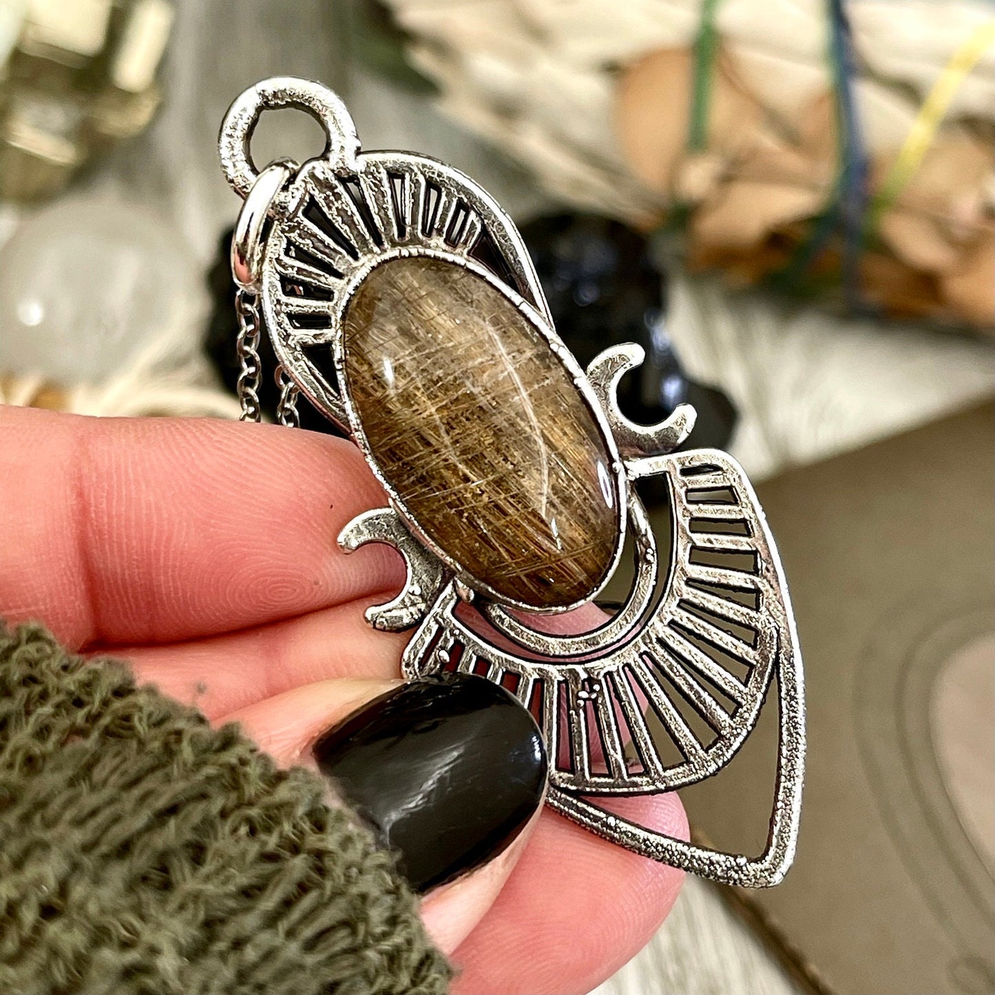 Moss & Moon Collection - Rutile Quartz Statement Necklace set in Fine Silver / One of a Kind - by Foxlark
