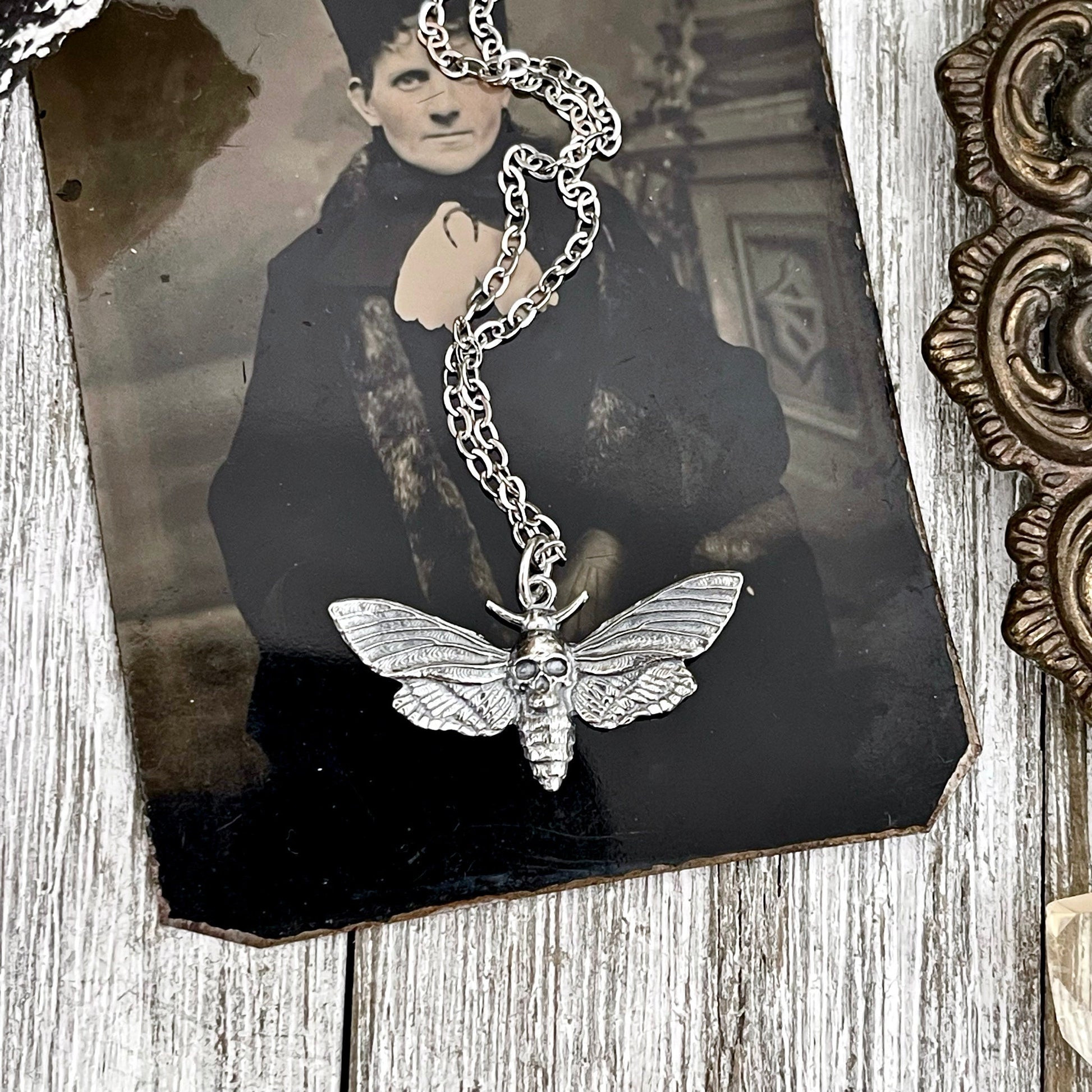 Tiny Talisman Collection - Sterling Silver Deaths Head Moth Pendant with Skull 19x30mm / Curated by FOXLARK Collection 925