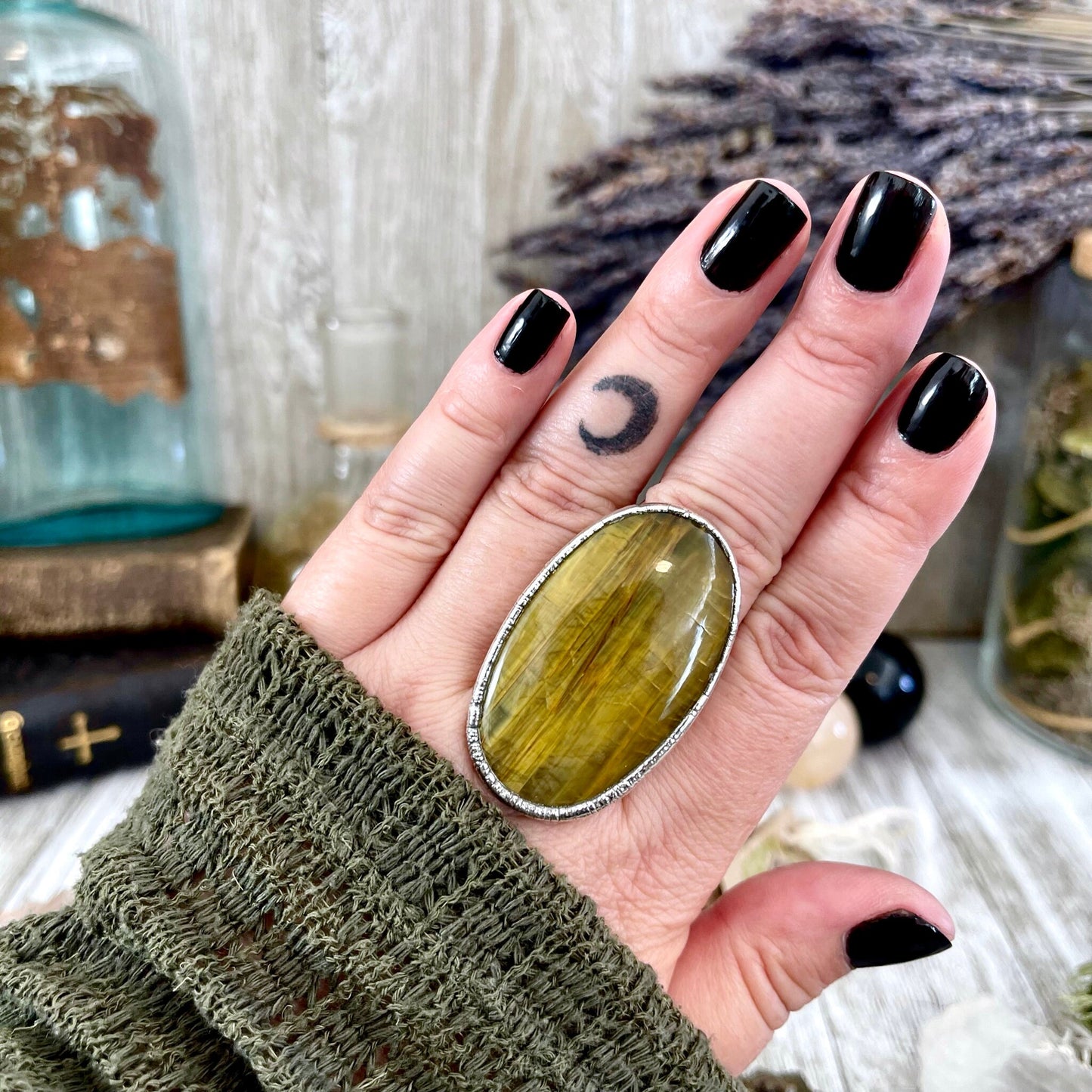 Silver Tigers Eye Ring Size 8 / Bohemian Big Stone Statement Ring / Foxlark Collection - One of a Kind // Yellow Crystal Jewelry