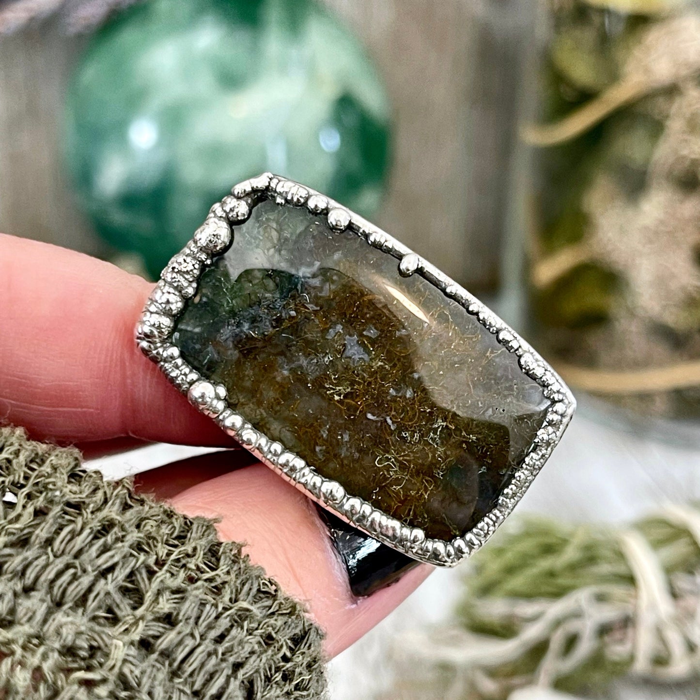 Big Size 6 Silver Natural Fancy Moss Agate Crystal Statement Ring / Foxlark Collection - One of a Kind / Big Crystal Ring Witchy Jewelry